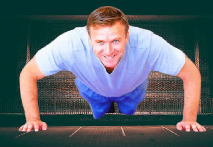 Smiling White man in blue outfit doing push-up for active adults 55+.