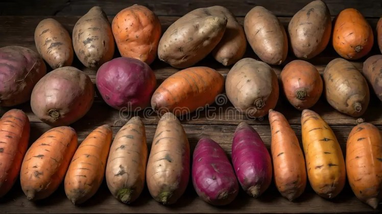 Varieties of sweet potatoes arranged on a tray.