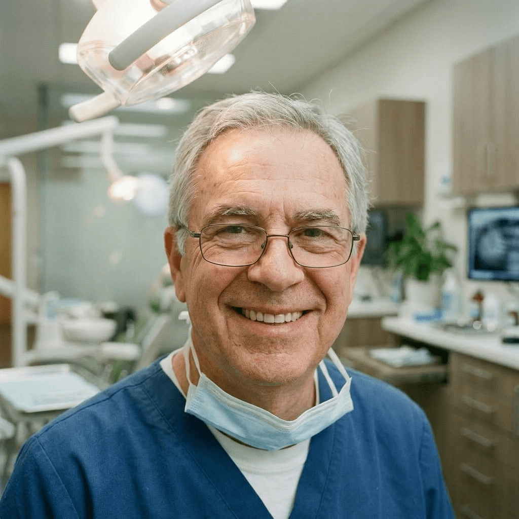 Dentist in blue scrubs sitting next to a dental chair in a clinic