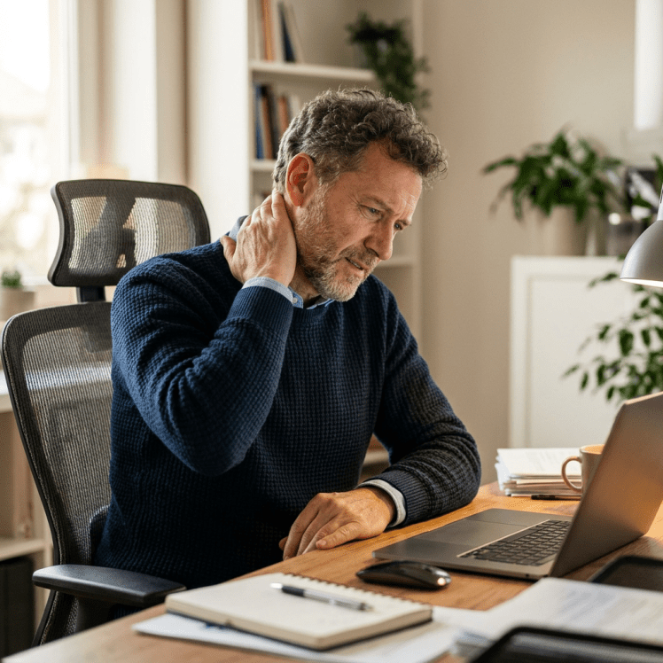 Middle-aged man touching his neck in discomfort while sitting at desk with laptop