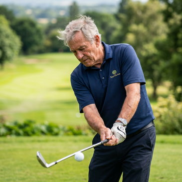 Senior man in blue polo swinging golf club with ball in midair