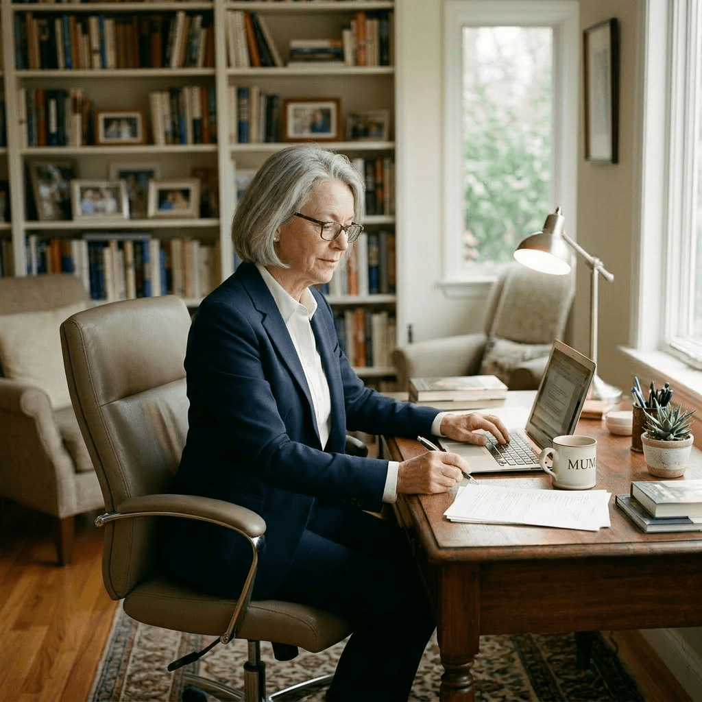 Senior woman in striped sweater standing in home office with wooden desk and bookshelves