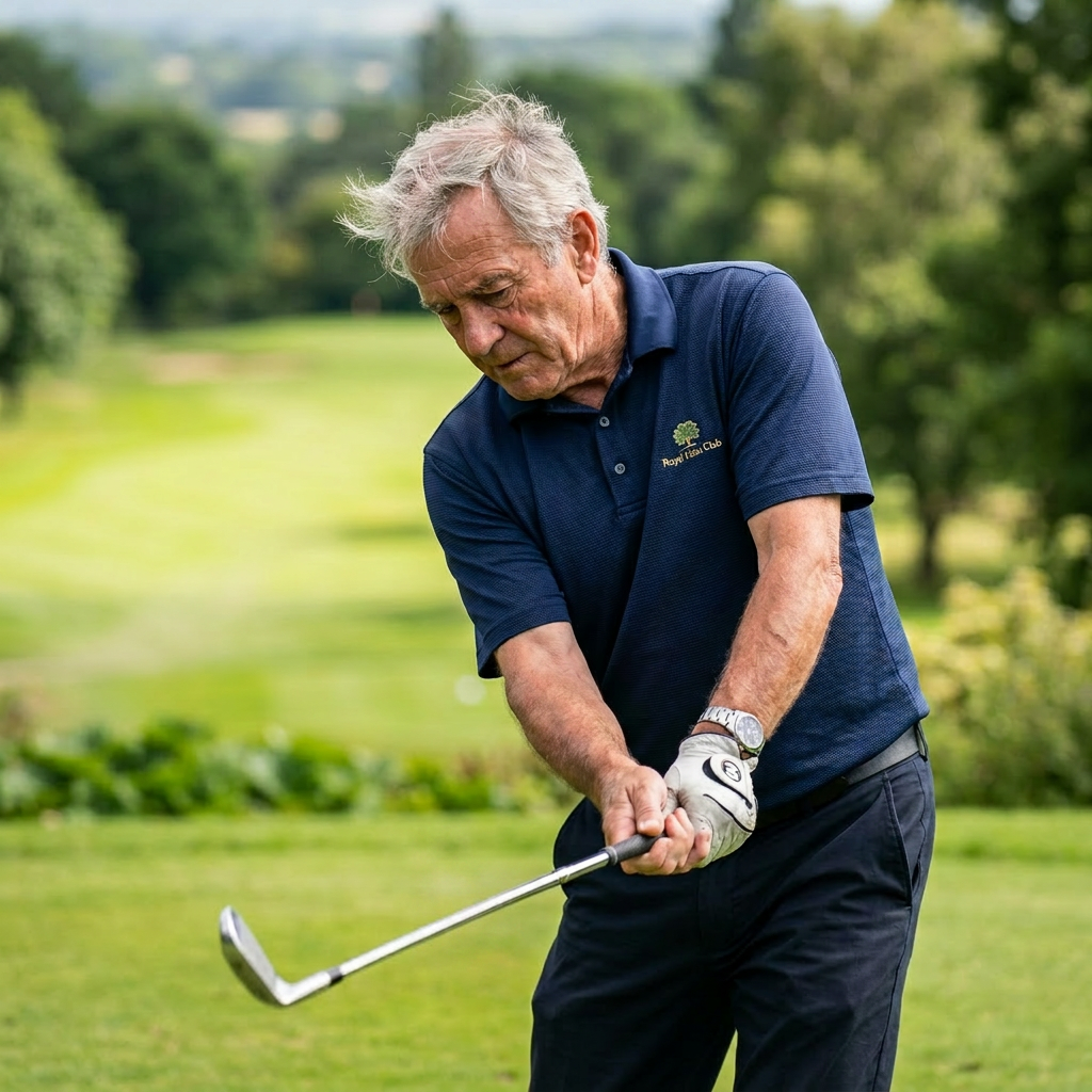Senior man in blue polo swinging golf club with ball in midair